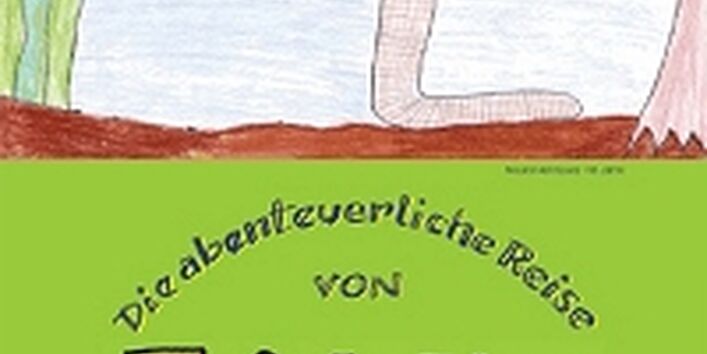 Das Titelbild der Publikation "Die abenteuerliche Reise von Fridolin dem Regenwurm" zeigt die Kinderzeichnung eines Regenwurms, der mit Gepäckbündel  auf Reisen geht.