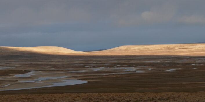 Arktische Landschaft: Die Sonne scheint auf einen Fluss und sanfte braune Hügel.