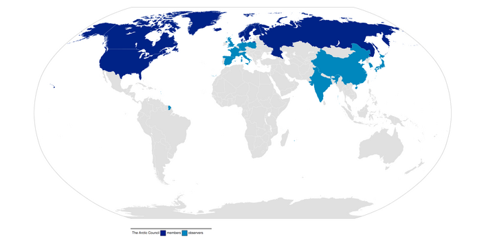 Weltkarte die Mitglieder und Beobachter des Artkischen Rats veranschaulicht