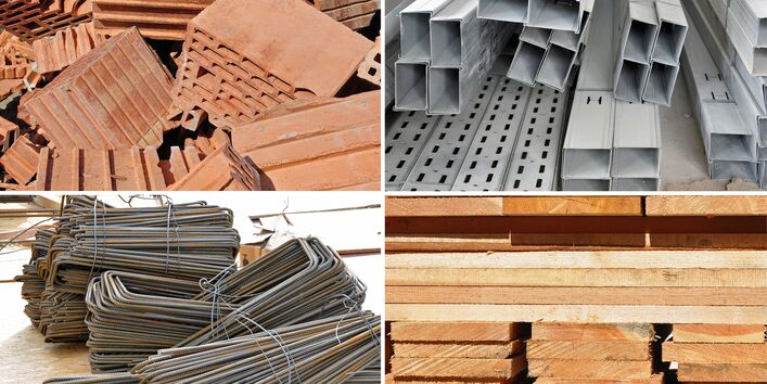 Vier verschiede Bauprodukte in einer Collage: Ziegel, Holzlatten, Stahlträger