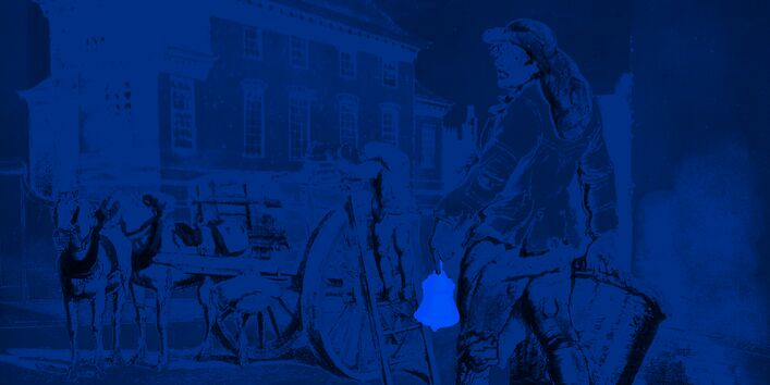 Altes Bild eines Mannes mit Korb und Glocke, der den Müll auf der Straße einsammelt.