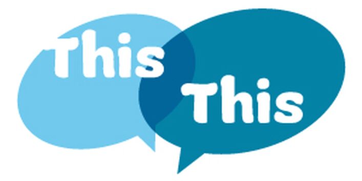 Zwei blaue Sprechblasen, die beide das Wort "This" enthalten