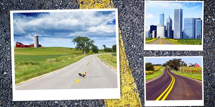Collage: Overlapped photos show landscapes, roads an houses