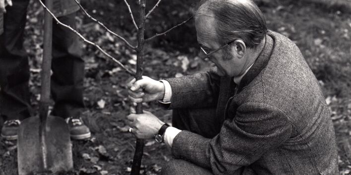 Heinrich von Lersner pflanzt ein Bäumchen: Der UBA-Präsident übernahm die Baumpatenschaft für zwei Gingkos auf dem UBA- Gelände am Bismarckplatz. Die bis heute existierende Baumpaten-Aktion hat der Berliner Künstler Ben Wagin ins Leben gerufen.
