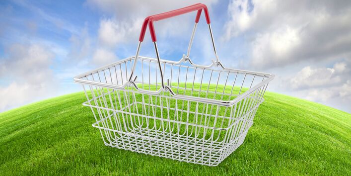 Einkaufskorb auch grüner Erdkugel, Himmel im Hintergrund