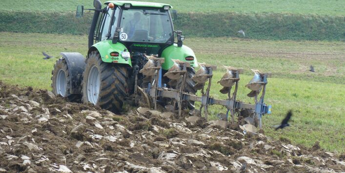 Trecker beim Grünlandumbruch.