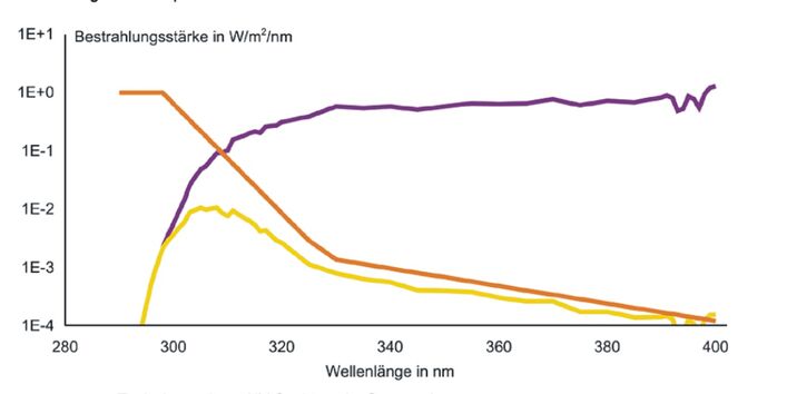 Die Abbildung zeigt Bewertungsspektren für die sonnenbrandwirksame Bestrahlungsstärke und als Beispiel ein typisches solares UV-Spektrum im Sommer in München. 