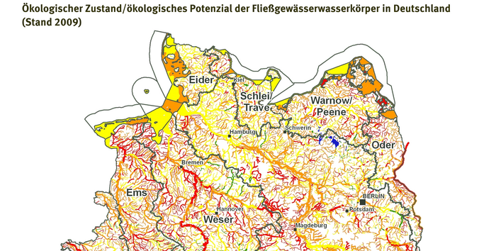 Die Deutschlandkarte zeigt, welche Bäche, Flüsse, Seen und Küstengewässer sich im Jahr 2009 in einem sehr guten, guten, mäßigen, unbefriedigenden oder schlechten ökologischen Zustand/Potenzial befanden.
