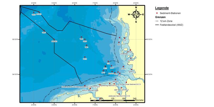 In der Nordsee wird im Rahmen des BUND/Länder-Messprogramms innerhalb der 12-Seemeilenzone und in der Ausschließlichen Wirtschaftszone gemessen, wie Sedimente der Nordsee mit Schadstoffen belastet sind.