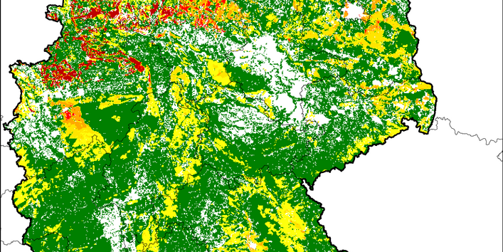 Die Abbildung zeigt eine Deutschlandkarte mit der räumlichen Verteilung von Flächen, die eine Überschreitung der ökologischen Belastungsgrenzen für Versauerung im Jahre 2019 aufweisen.