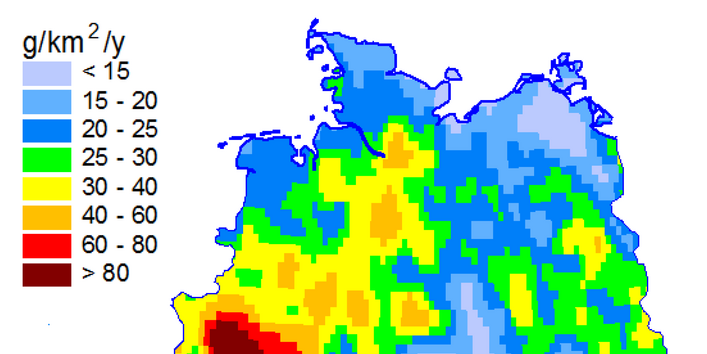 Die Karte zeigt: die Quecksilber-Gesamtdepositionen in Deutschland lagen in 2017 größtenteils im Bereich von 10 bis 25 g Hg/km².