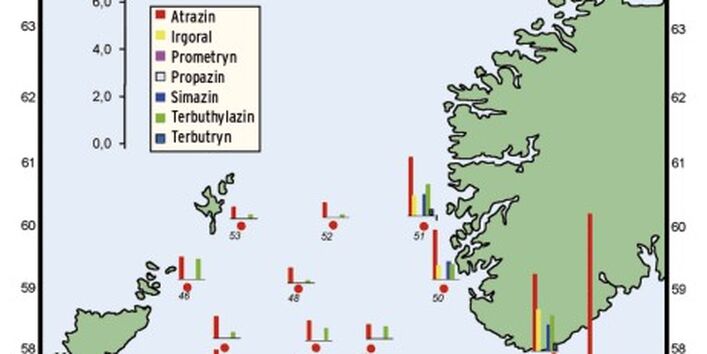 Die räumliche Verteilung der wichtigsten Pestizide aus der Stoffklasse der Triazine und der Phenylharnstoffe zeigt für alle Verbindungen einen deutlichen von der Küste in die offene See abnehmenden Gradienten.