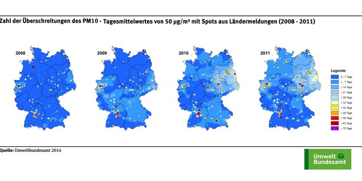 Die Karte zeigt die Anzahl der Überschreitungstage des PM10-Tagesmittelwerts von 50 µg/m³ an ausgewählten Messstellen für die Jahre 2008 bis 2011. Die Klassen, die die Zahl der Überschreitungstage angeben, sind in verschiedenen Farben dargestellt.