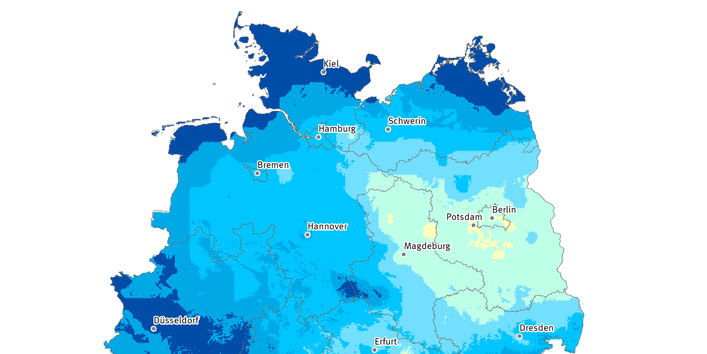 Die Karte zeigt die Anzahl Heißer Tage in Deutschland im Jahr 2008. Maximal gab es in diesem Jahr 19 Heiße Tage in Deutschland.