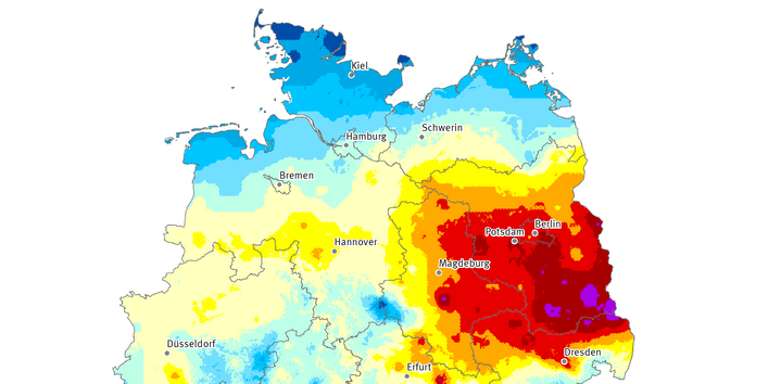 Die Karte zeigt die Anzahl Heißer Tage in Deutschland im Jahr 2019. Maximal gab es in diesem Jahr 30 Heiße Tage in Deutschland.