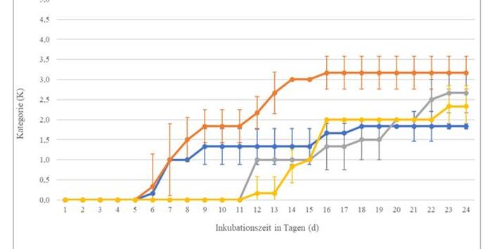 Darstellung als Kurvendiagramm, Gruppe A blau, Gruppe B orange, Gruppe C grau, Gruppe D gelb