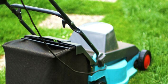 Ein elektrischer Rasenmäher, der auf einer grünen Wiese steht