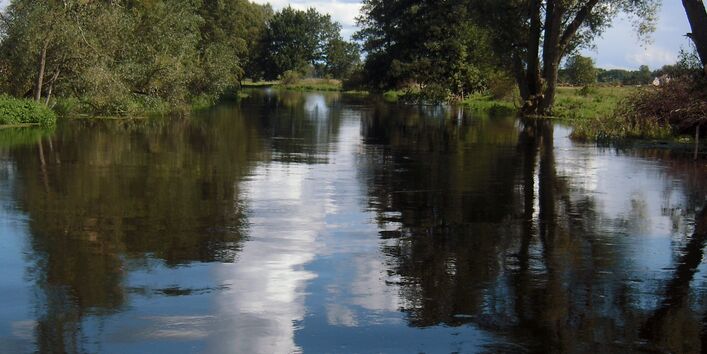 Breiter Fluss mit sehr glattem Wasser, in dem sich die Wolken und die Bäume am Ufer spiegeln.