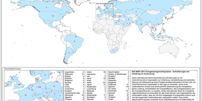 Eine Weltkarte wo alle Standorte markiert sind, die sich nach der ISO 50001 richten. Am wenigstens sind in Afrika markiert