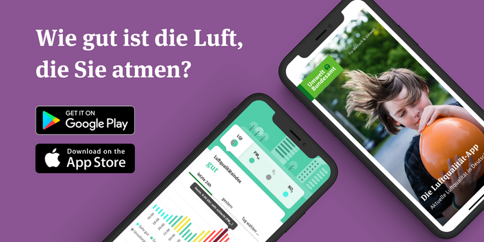 Zwei Smartphones auf lila-farbenem Hintergrund. Aufschrift: Wie gut ist die Luft, die sie atmen?