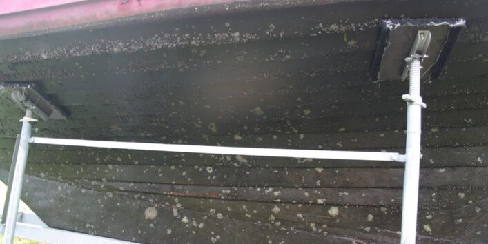 Ein Bootsrumpf mit Algen