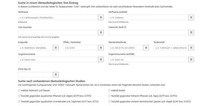 Startseite der Website ETOX zu ökotoxikologischen Daten und Qualitätsziele 