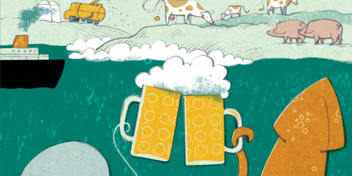 2 sea creatures toast each other underwater with beer 