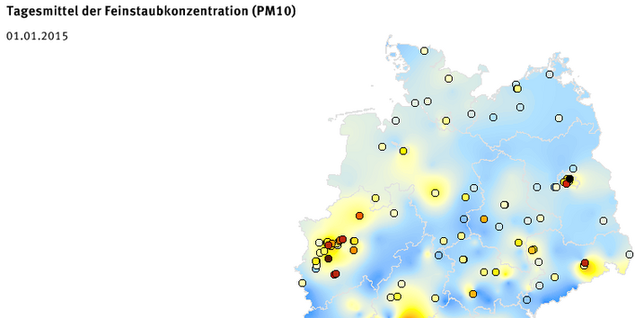 Tagesmittel der Feinstaubkonzentration (PM10) - Neujahr 2015