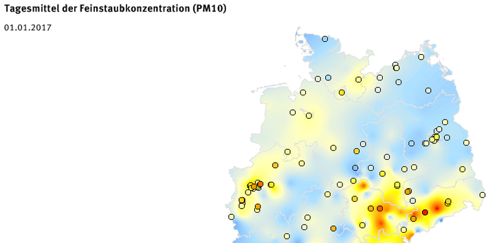 Tagesmittel der Feinstaubkonzentration (PM10) - Neujahr 2017
