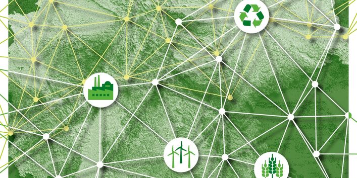 grüne Deutschlandkarte mit Symbolen und Liniennetz überzogen