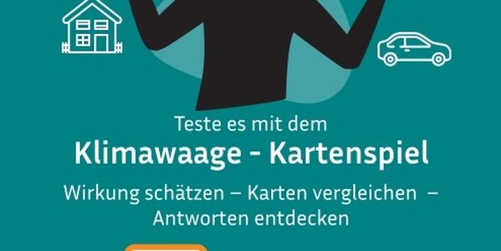 grafische Abbildung eines Menschen mit thematischen Icons um ihn herum. Hände halten Spielkarten hoch.