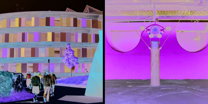 Zwei Bilder zeigen das UBA-Dienstgebäude in Dessau und ein Filmstill aus der Fließgewässersimulationsanlage