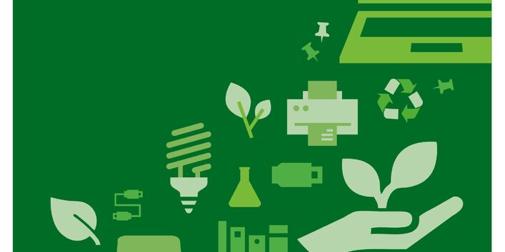 grüner Hintergund mit verschiedenen Icons aus dem Bürobereich, wie Bürostuhl, Laptop, Tastatur usw.