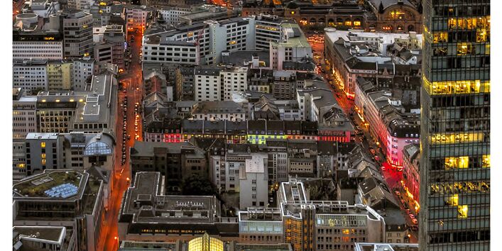 View of a city from above at night