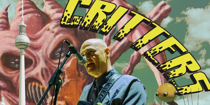 Collage, Mann mit Gitarre vor der Berliner Skyline, dazu gezeichnete Figuren