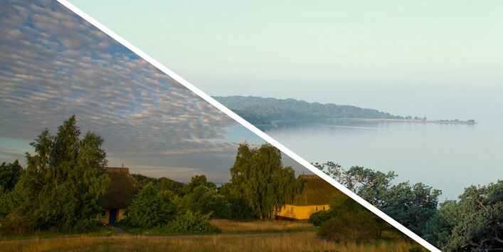 Zwei Fotos in einer Collage: Küste von Vilm und kleines Landstück mit Häusern