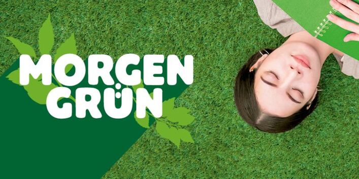 Eine junge Frau liegt mit einem Buch auf der Wiese.