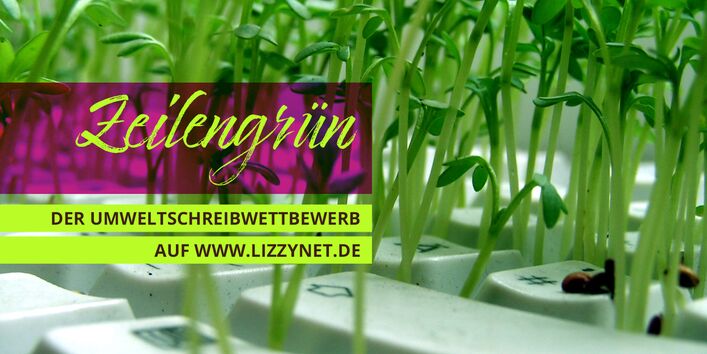 Titeltext Zeilengrün; kleine Pflanzen wachsen zwischen den Tasten einer Tastatur