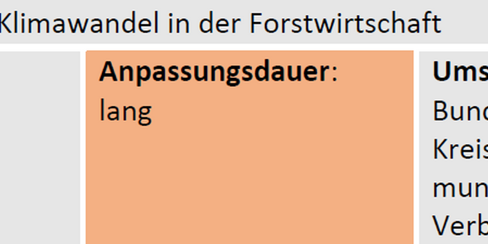 Der klimatische Einfluss von Sturm und graduellem Klimawandel in der Forstwirtschaft. Handlungserfordernis: mittel; Handlungsfeld: Wald- und Forstwirtschaft; Anpassungsdauer: lang; Umsetzende Akteure: Bund, Länder, Kreise/Regionen, Kommunen, Unternehmen, Verbände, NGOs; Kosten: 10-100 Mio. €/a