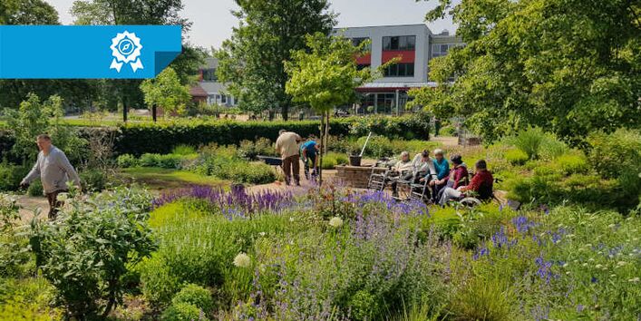 Anwohnerinnen und Anwohner des Wohnstifts sitzen im grünen GLEKS-Park.
