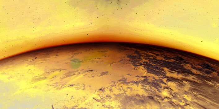 The picture shows a section of a satellite photograph of the Earth. In the upper margin of the photograph is a radiant sun. On the Earth, clouds and a deep-blue ocean are visible.