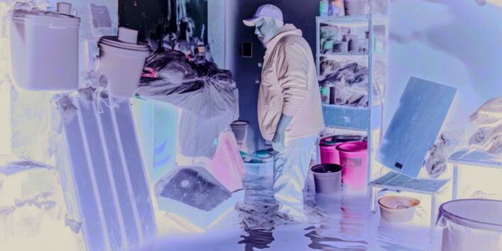 The picture shows a man standing in a flooded cellar, kneedeep in brown water. There are tins, cartons and flowerpots visible on a rack of shelves. Some synthetic buckets are standing in front of this rack with floodwater lapping round them. The man is looking at additional containers, pallets and synthetic bags piled up in front of him.
