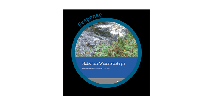 The picture shows the title page of the National Water Strategy. A photograph shows the bank of a stream or brook which is in spate. Underneath, white writing on a dark-blue background reads ’National Water Strategy – Cabinet decision dated 15th March 2023’.