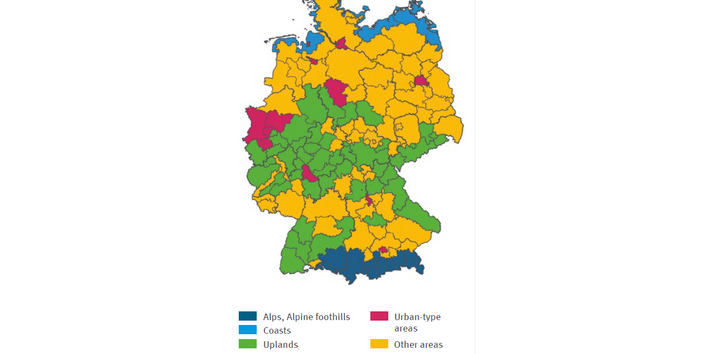 The illustration ’Wider tourism areas in Germany’ contains a map of the travel areas in Germany showing five individual wider tourism areas in aggregated form.. Alps with alpine foothills, coasts and urban areas are regions characterised by very specific properties. The uplands and other areas are heterogeneous and extensive. 
