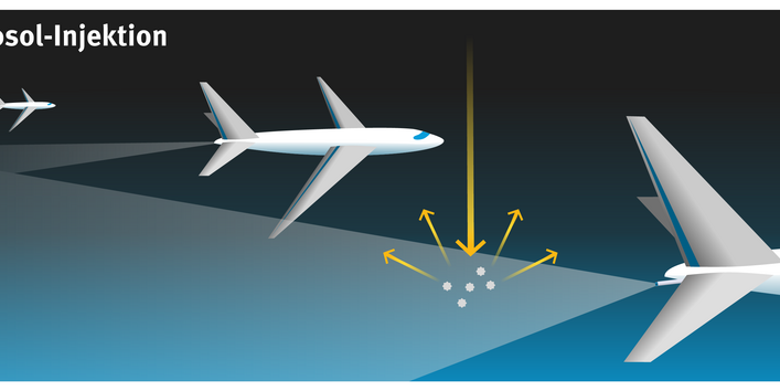 Schmale Flugzeuge mit Sprühvorrichtung verteilen weißlichen Schleier hoch oben. 