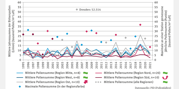 Die Grafik „Belastung mit Birkenpollen“ zeigt die mittlere Jahressumme in Tausend Pollen pro Quadratmeter Luft von 1995 bis 2021 für die Regionen Mitte, Nord, Ost, Süd, West und den Durchschnitt. Die Werte liegen zwischen zwei- und zwanzigtausend. In der Region Ost stiegen sie 2006, 2014 und 2019 über zwanzigtausend. Signifikant steigende Trends bestehen in Ost und Süd. Höchstwert: Dresden im Jahr 2006 mit 52.514 Pollen pro Quadratmeter Luft.