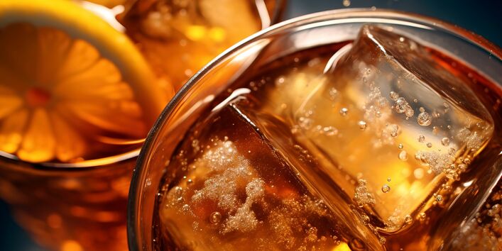 Zwei Gläser mit Cola und Eistee und Eiswürfel von oben abgelichtet 