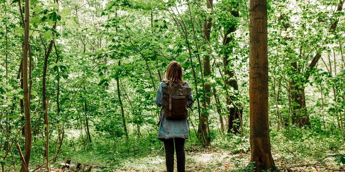 Zu sehen ist eine Frau, die mit dem Rücken zum Bild steht. Sie steht in einem Wald, der schön begrünt ist und guckt in die Weite. 