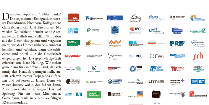 Ausschnitt einer aktuellen Anzeige aus DIE ZEIT der Kampagne #Zusammenland. Zusammen mit 350 Wissenschaftsinstitutionen beteiligt sich das UBA an der Initiative „Zusammenland“ für Demokratie, Zusammenhalt und Mitmenschlichkeit. Zu sehen sind die Logo der teilnehmenden Institutionen. 