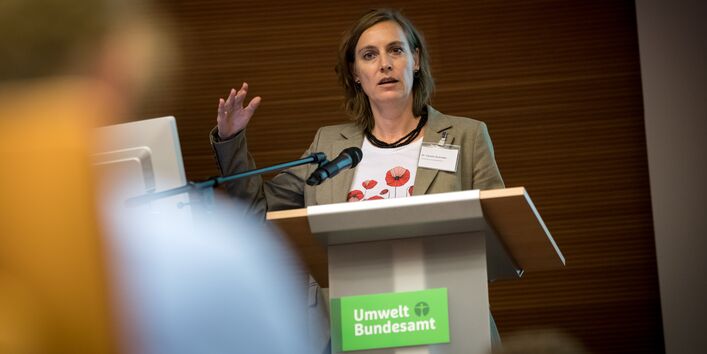 Vortragende steht gestikulierend am Rednerpult.